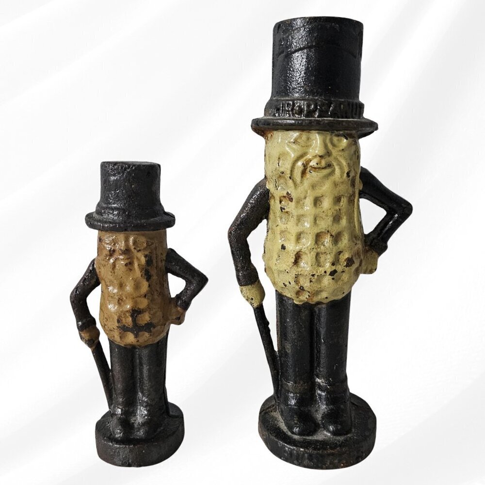 Lot of 2 Vintage Cast Iron Mr Peanut Banks 5.5 and 7.5 Tall Heavy